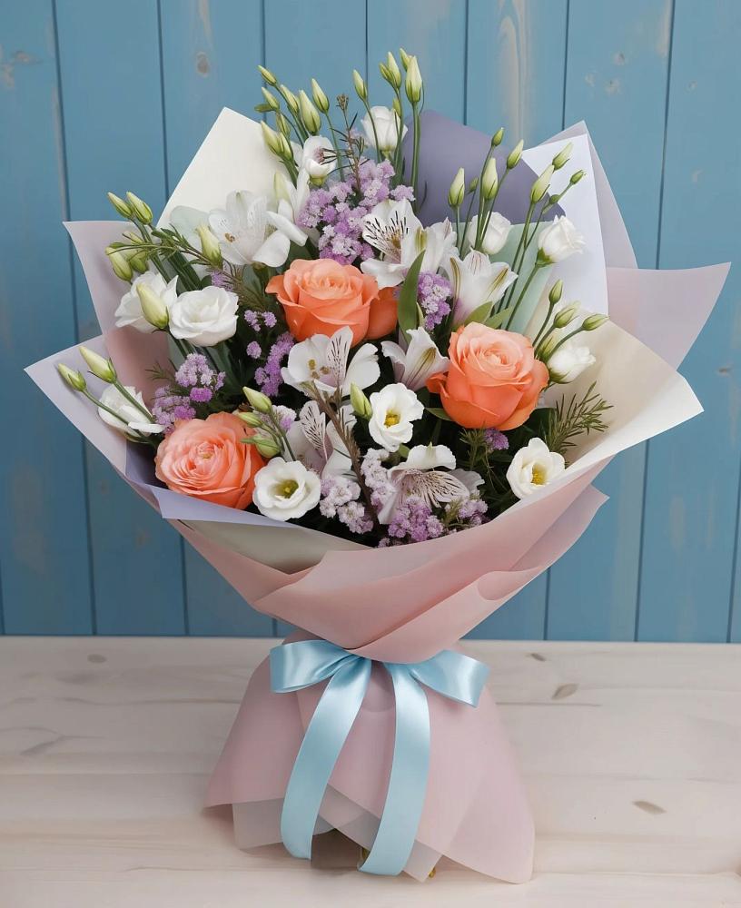 Букет цветов из: Лизиантусы, Розы, Альстромерии и Гипсофила в Североуральске